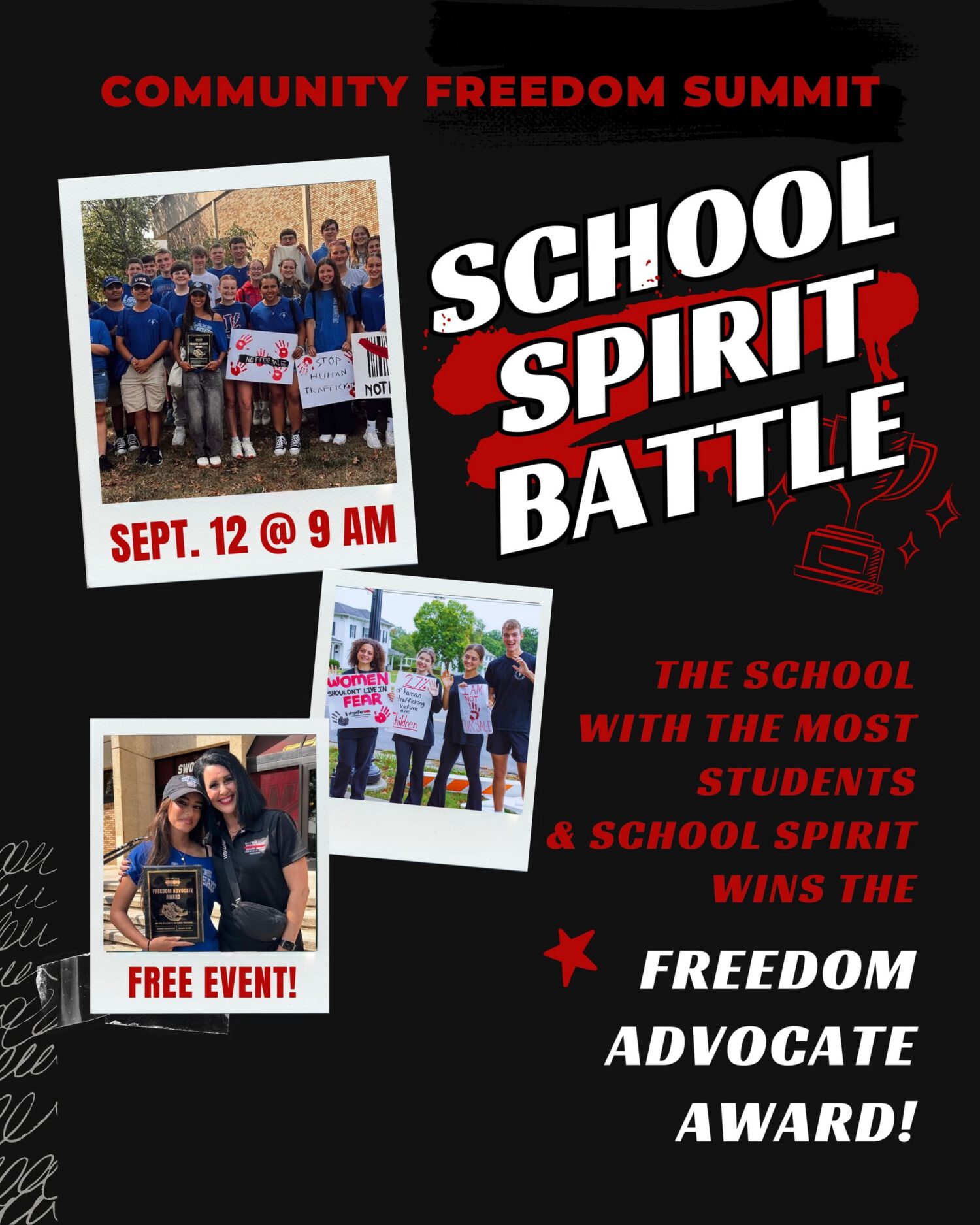 Flyer for the Community Freedom Summit “School Spirit Battle,” Sept. 12 at 9 AM, calling local schools to wear school colors, make anti-human trafficking signs, and compete for a Freedom Advocate Award; free event.